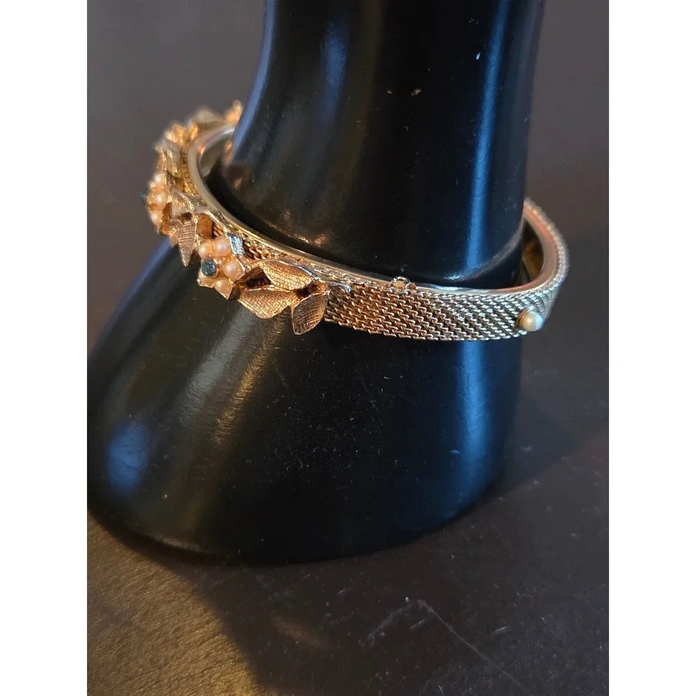 Vintage MCM Gold Tone Floral Mesh Bangle Faux Pearl Green Rhinestone Hinge